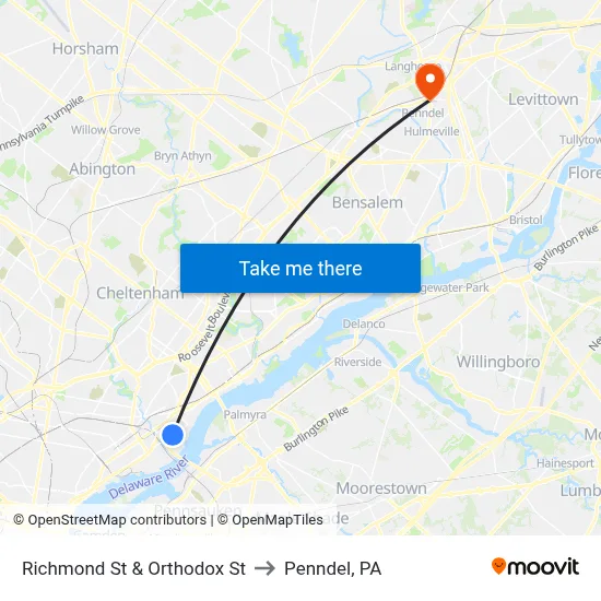 Richmond St & Orthodox St to Penndel, PA map
