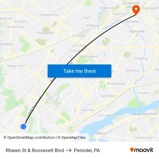 Rhawn St & Roosevelt Blvd to Penndel, PA map