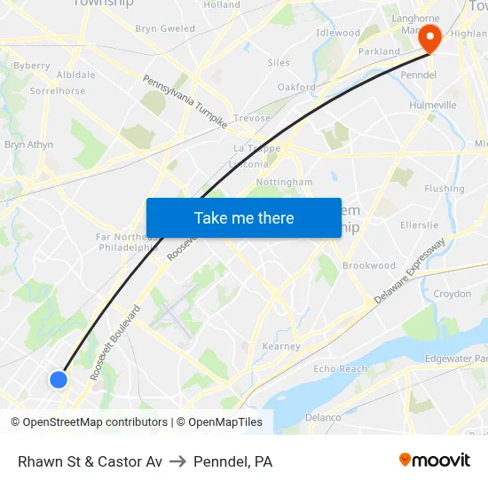 Rhawn St & Castor Av to Penndel, PA map