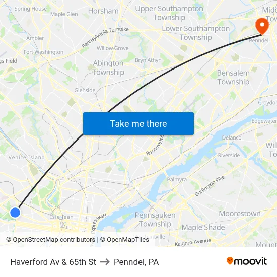 Haverford Av & 65th St to Penndel, PA map