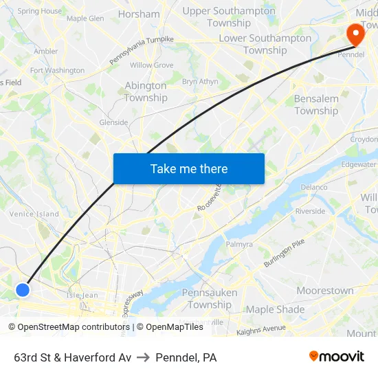 63rd St & Haverford Av to Penndel, PA map