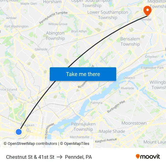 Chestnut St & 41st St to Penndel, PA map