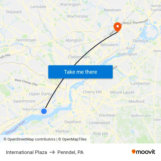 International Plaza to Penndel, PA map