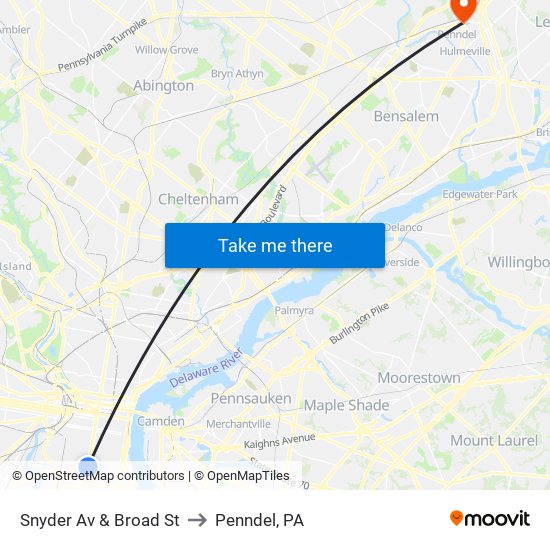 Snyder Av & Broad St to Penndel, PA map