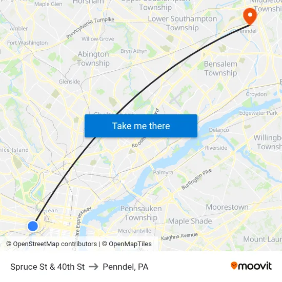 Spruce St & 40th St to Penndel, PA map