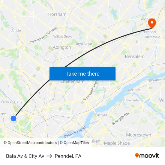 Bala Av & City Av to Penndel, PA map