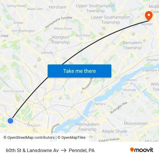 60th St & Lansdowne Av to Penndel, PA map