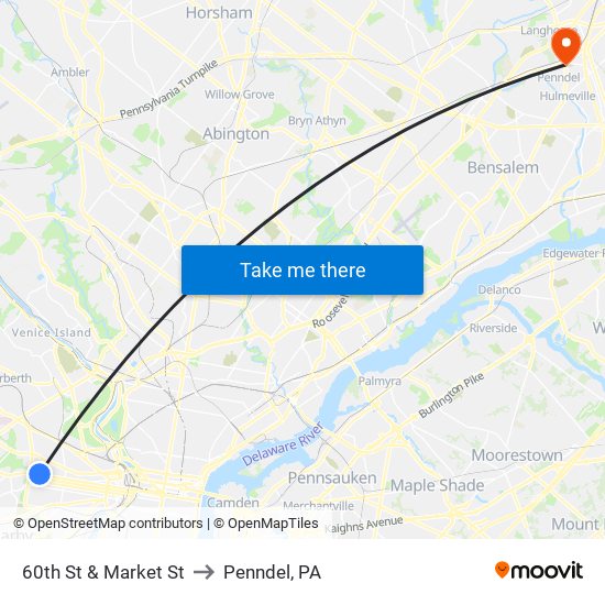 60th St & Market St to Penndel, PA map