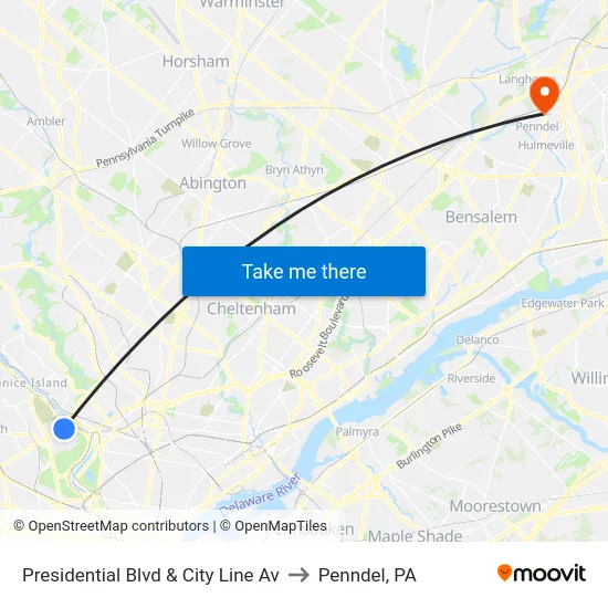 Presidential Blvd & City Line Av to Penndel, PA map