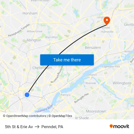 5th St & Erie Av to Penndel, PA map