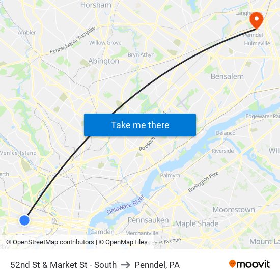 52nd St & Market St - South to Penndel, PA map