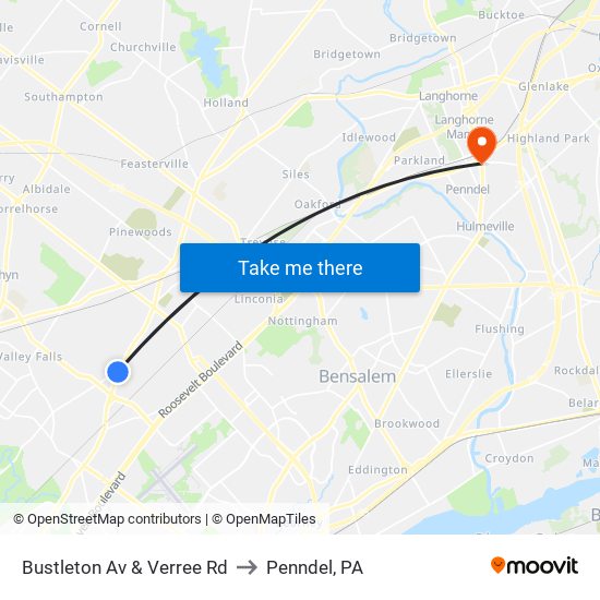 Bustleton Av & Verree Rd to Penndel, PA map