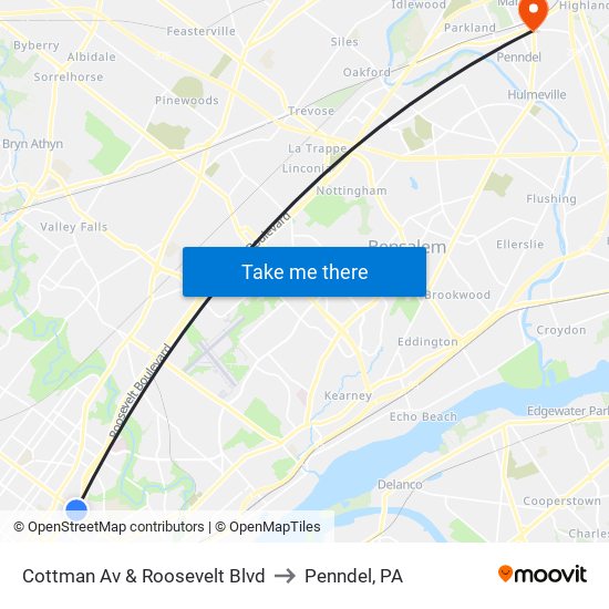 Cottman Av & Roosevelt Blvd to Penndel, PA map