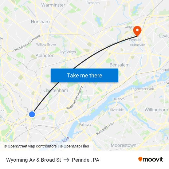 Wyoming Av & Broad St to Penndel, PA map