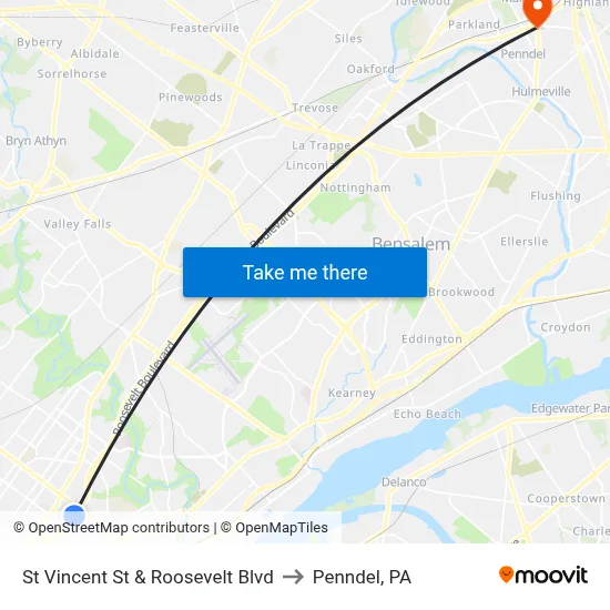 St Vincent St & Roosevelt Blvd to Penndel, PA map