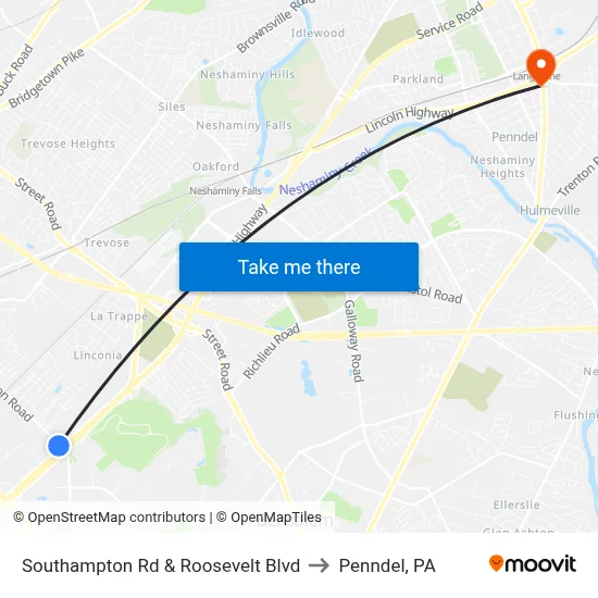 Southampton Rd & Roosevelt Blvd to Penndel, PA map