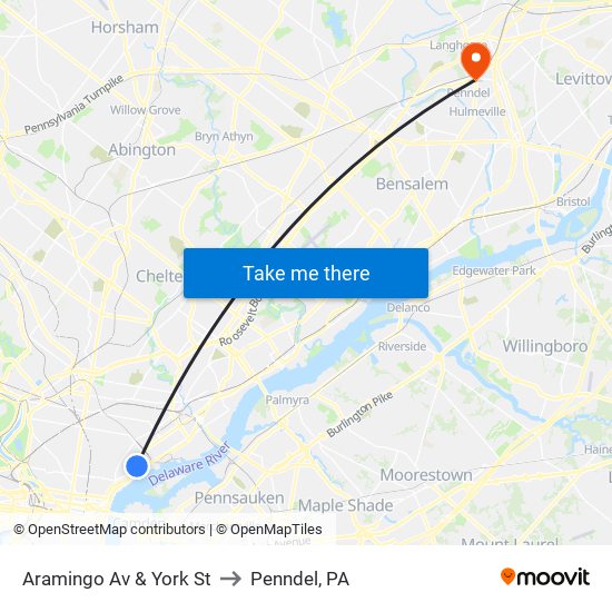 Aramingo Av & York St to Penndel, PA map