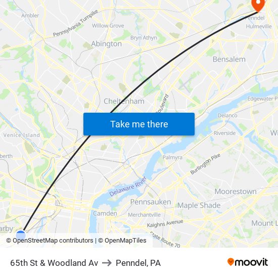 65th St & Woodland Av to Penndel, PA map