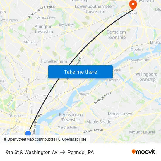 9th St & Washington Av to Penndel, PA map