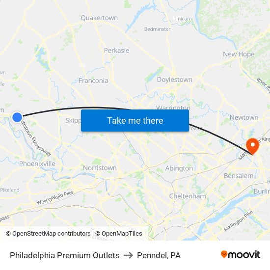 Philadelphia Premium Outlets to Penndel, PA map