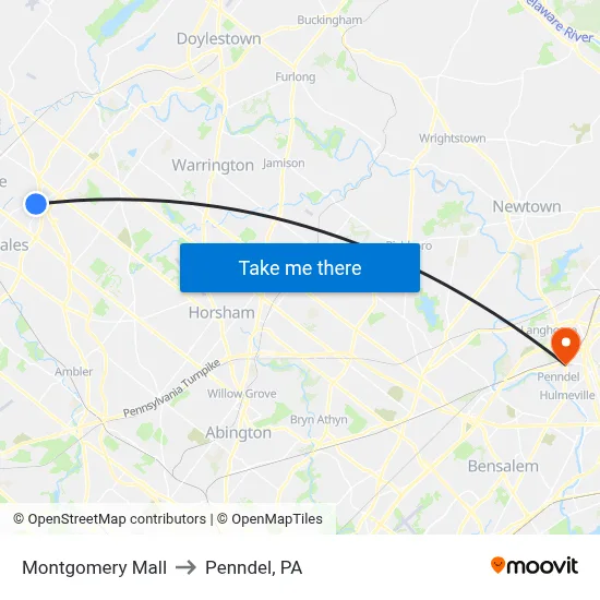 Montgomery Mall to Penndel, PA map