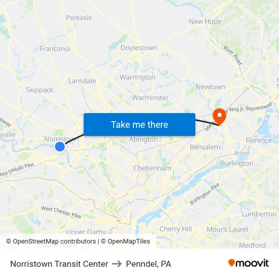 Norristown Transit Center to Penndel, PA map