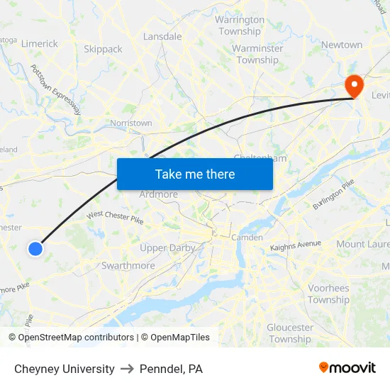 Cheyney University to Penndel, PA map
