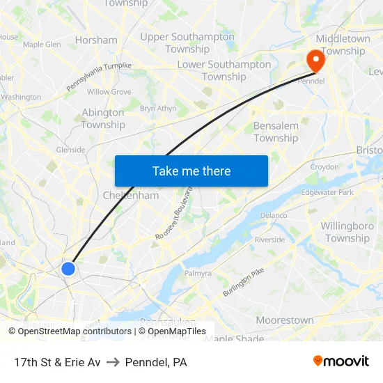 17th St & Erie Av to Penndel, PA map