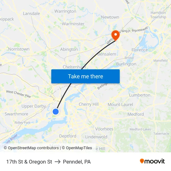 17th St & Oregon St to Penndel, PA map