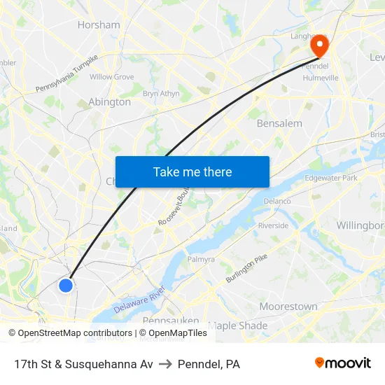 17th St & Susquehanna Av to Penndel, PA map