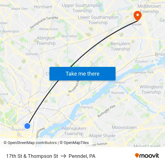 17th St & Thompson St to Penndel, PA map