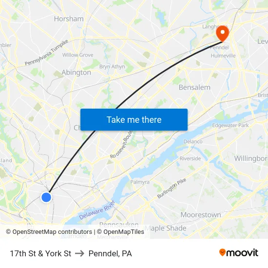 17th St & York St to Penndel, PA map