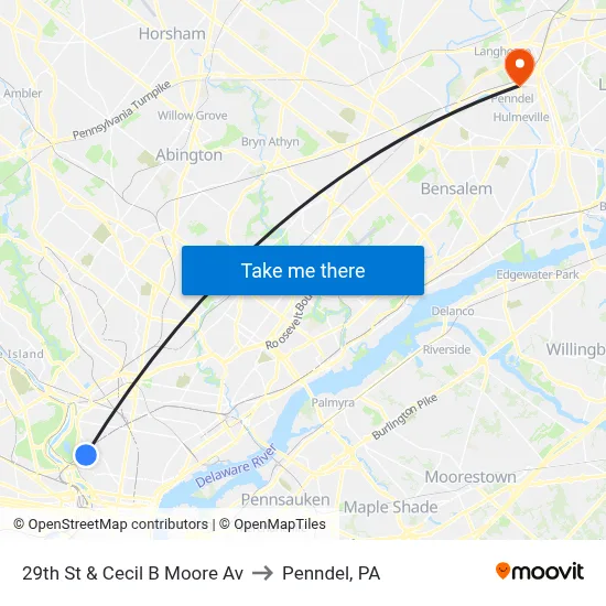29th St & Cecil B Moore Av to Penndel, PA map