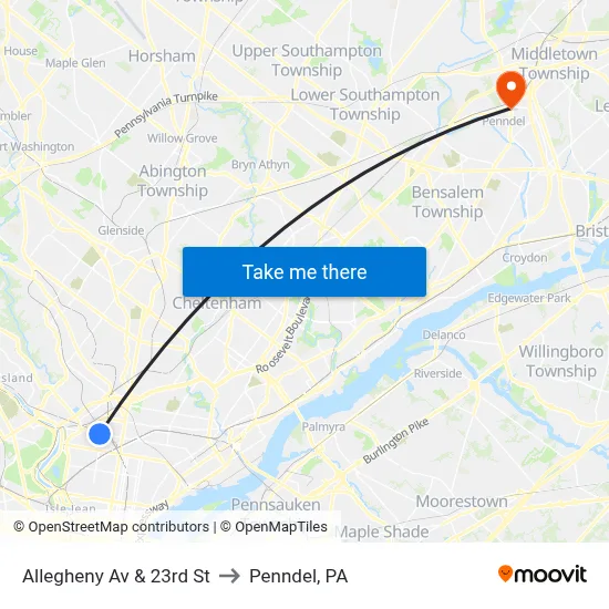 Allegheny Av & 23rd St to Penndel, PA map