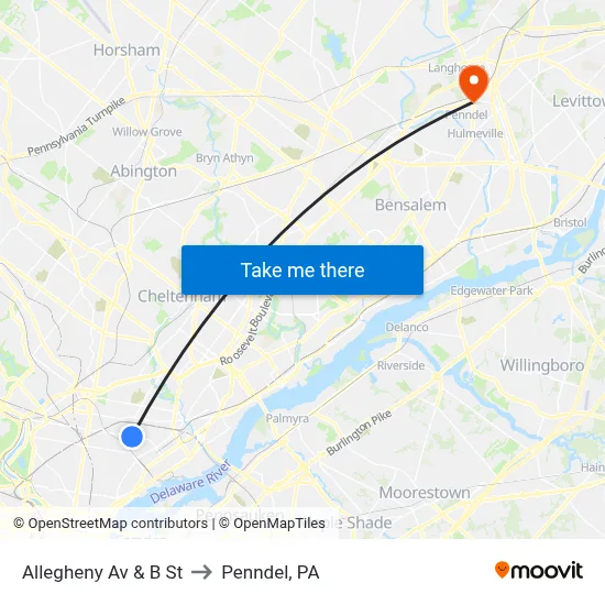 Allegheny Av & B St to Penndel, PA map