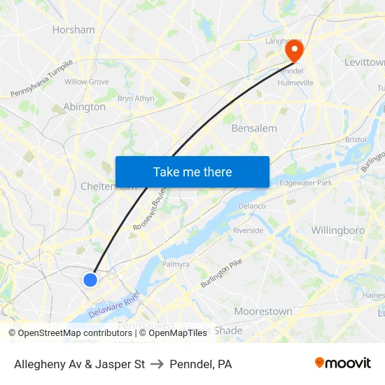 Allegheny Av & Jasper St to Penndel, PA map