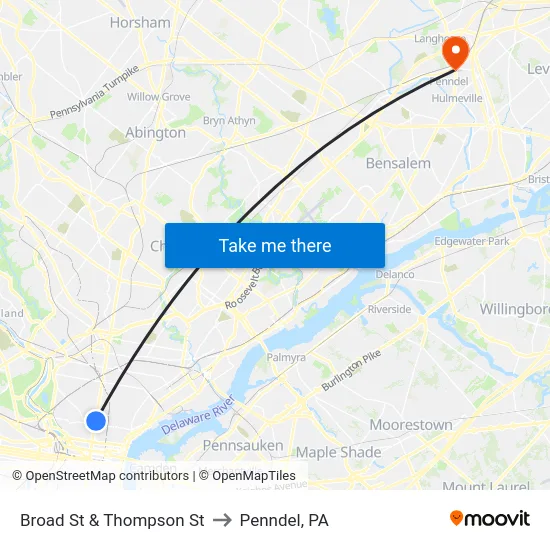 Broad St & Thompson St to Penndel, PA map