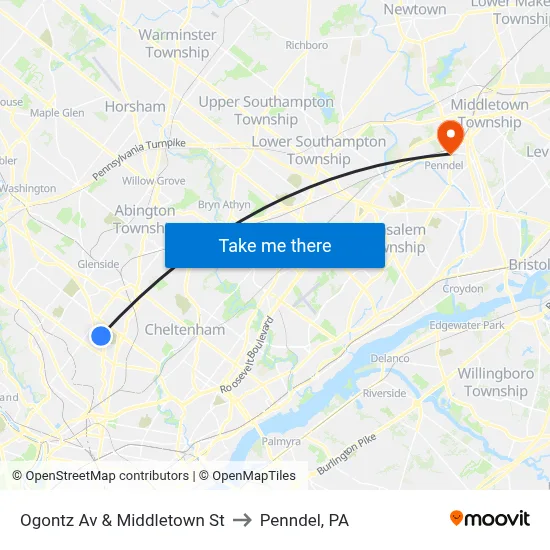 Ogontz Av & Middletown St to Penndel, PA map