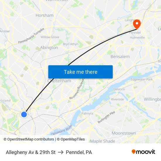 Allegheny Av & 29th St to Penndel, PA map