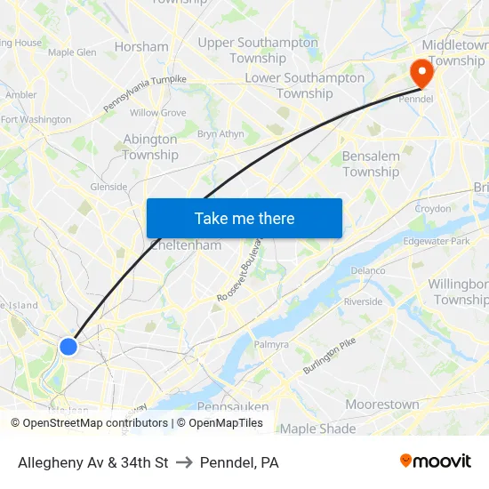 Allegheny Av & 34th St to Penndel, PA map