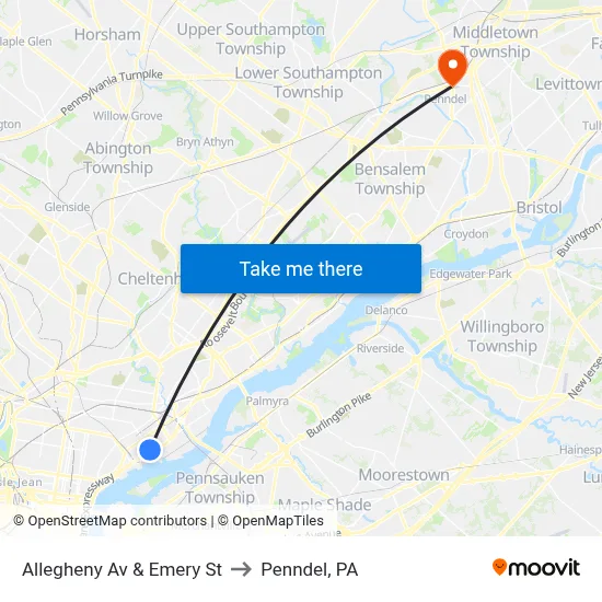 Allegheny Av & Emery St to Penndel, PA map