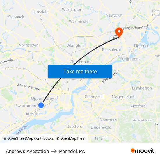 Andrews Av Station to Penndel, PA map