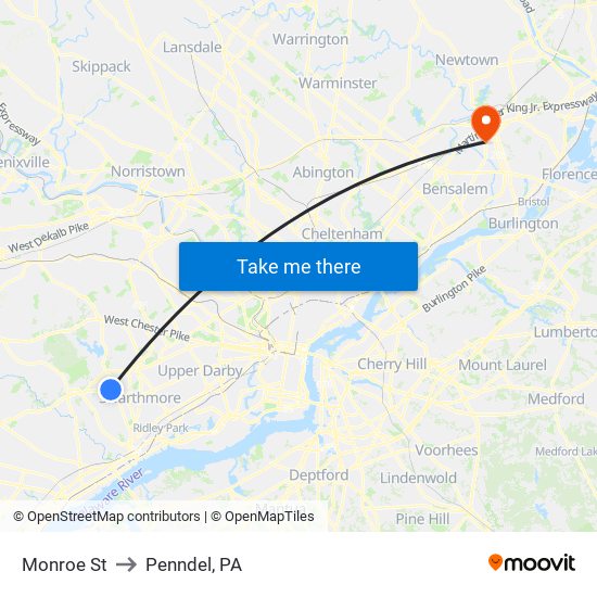 Monroe St to Penndel, PA map
