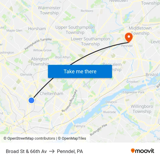 Broad St & 66th Av to Penndel, PA map