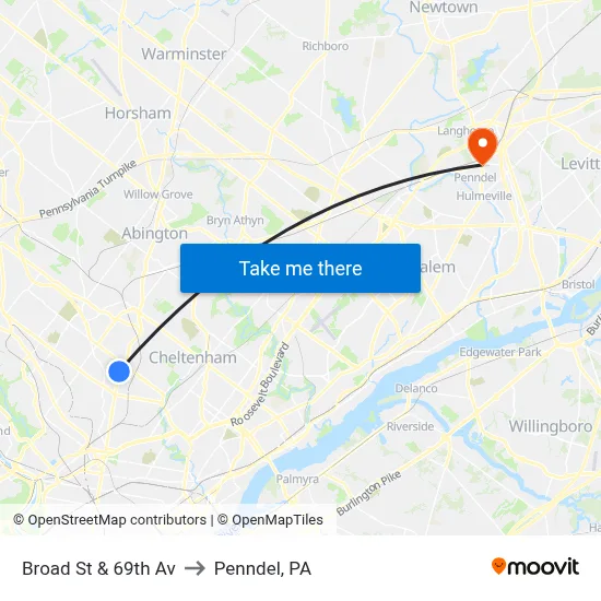 Broad St & 69th Av to Penndel, PA map