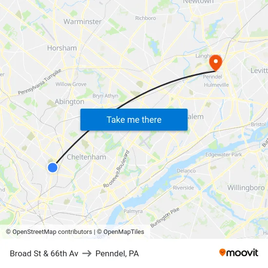 Broad St & 66th Av to Penndel, PA map