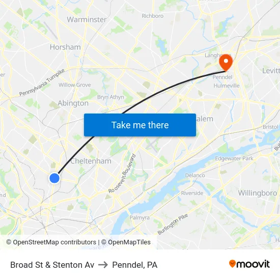 Broad St & Stenton Av to Penndel, PA map