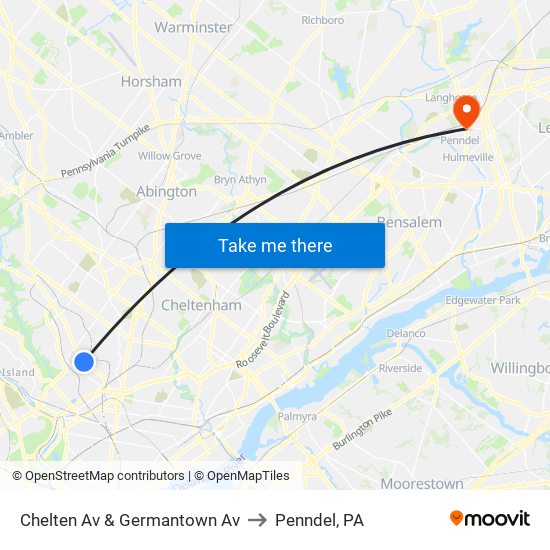 Chelten Av & Germantown Av to Penndel, PA map