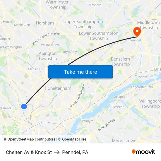 Chelten Av & Knox St to Penndel, PA map