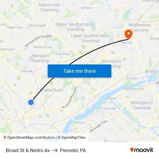 Broad St & Nedro Av to Penndel, PA map